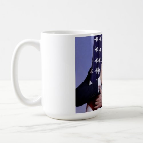 President Trump Hugs the USA Flag Coffee Mug