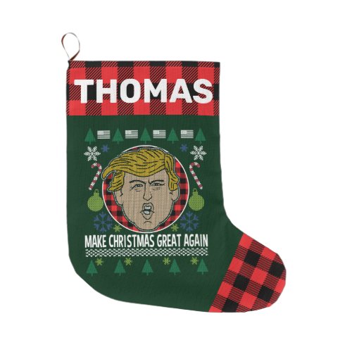 President Trump Make Christmas Great Again Plaid Large Christmas Stocking