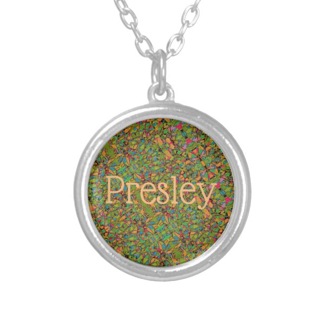 Presley name with green abstract art background silver plated necklace (Front)