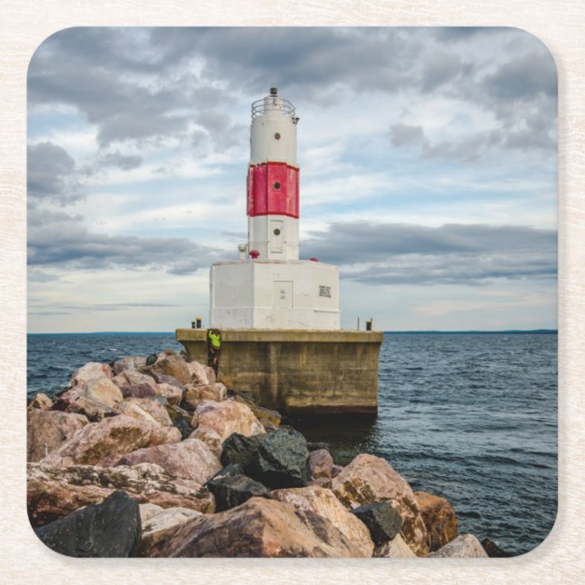 Presque Isle Harbor Breakwater Lighthouse Square Paper Coaster (Front)