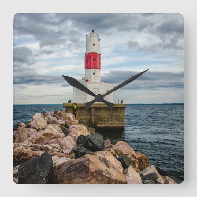 Presque Isle Harbor Breakwater Lighthouse Square Wall Clock (Front)