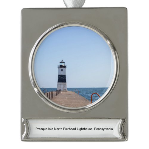 Presque Isle North Pierhead Lighthouse Silver Plated Banner Ornament