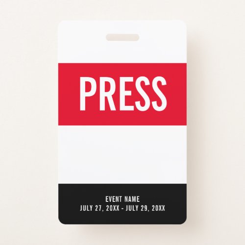 Press All Access Pass Red White Black ID Badge