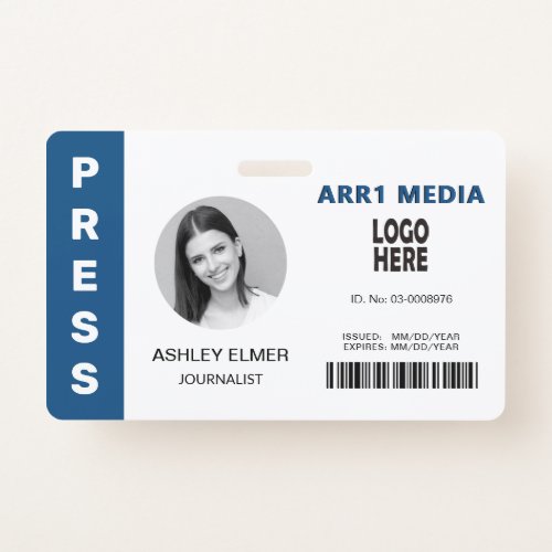 Press employee ID classic blue photo template Badge