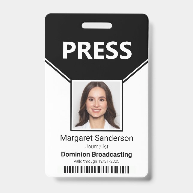 Press Pass Photo and Bar Code ID Badge (Front)