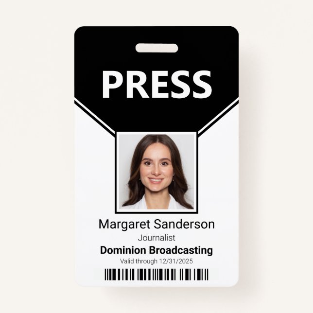 Press Pass Photo and Bar Code ID Badge (Front)