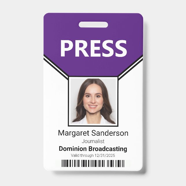 Press Pass Photo and Bar Code Purple ID Badge (Front)