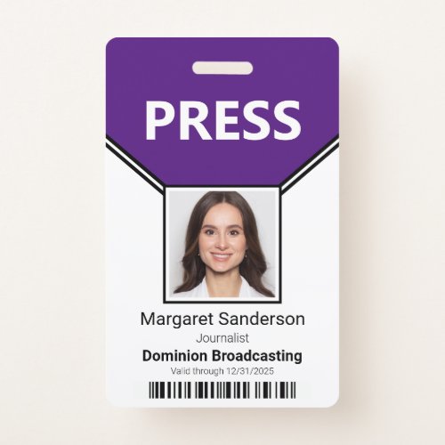 Press Pass Photo and Bar Code Purple ID Badge