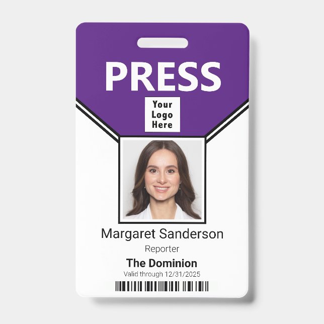 Press Pass Photo Bar Code and Logo ID Badge (Front)