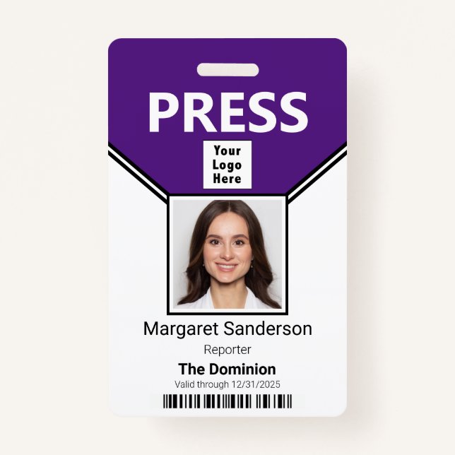 Press Pass Photo Bar Code and Logo ID Badge (Front)