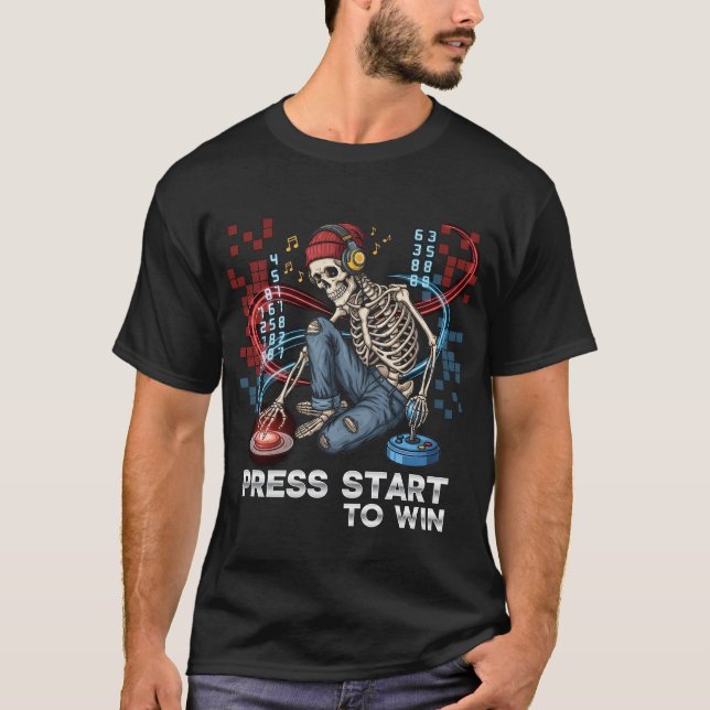 Press Start To Win Skeleton Gamer T-Shirt | Funny  (Front)
