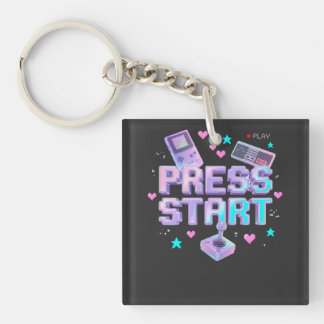 Press Start Y2K Retro Gaming Arcade Chrome 90s Gam Keychain