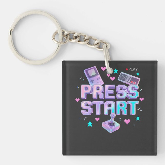Press Start Y2K Retro Gaming Arcade Chrome 90s Gam Keychain (Front)