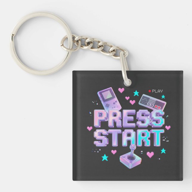 Press Start Y2K Retro Gaming Arcade Chrome 90s Gam Keychain (Front)