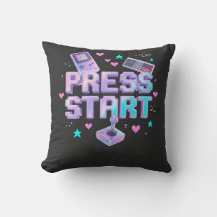 Press Start Y2K Retro Gaming Arcade Chrome 90s Gam Throw Pillow
