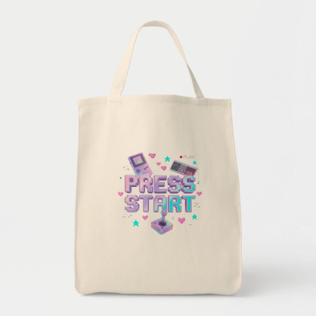Press Start Y2K Retro Gaming Arcade Chrome 90s Gam Tote Bag (Front)