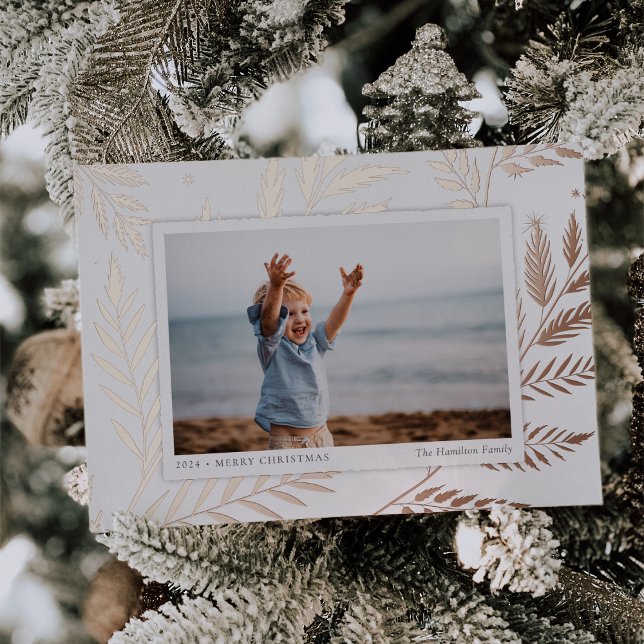 Pressed Botanical | Horizontal Photo Rose Gold Foil Holiday Card (Creator Uploaded)