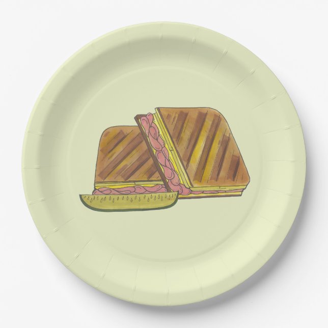 Pressed Cuban Sandwich Ham Cheese Salami PIckle Paper Plates (Front)