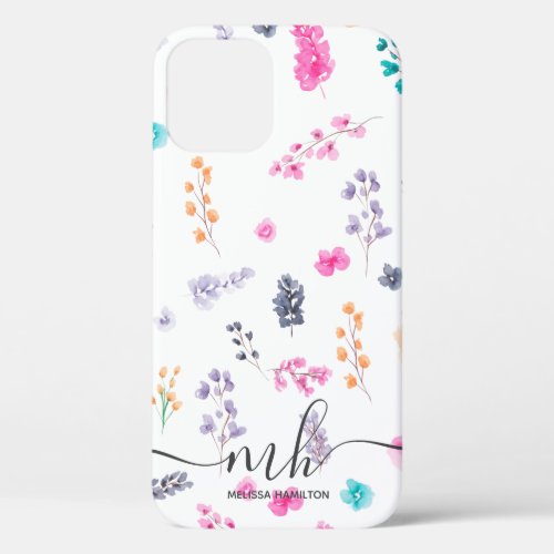 Pressed dried flowers floral watercolor monogram iPhone 12 pro case