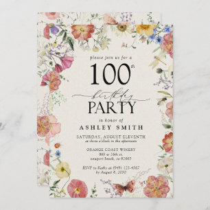 Pressed Flowers 100th Birthday Party Elegant Pink Invitation