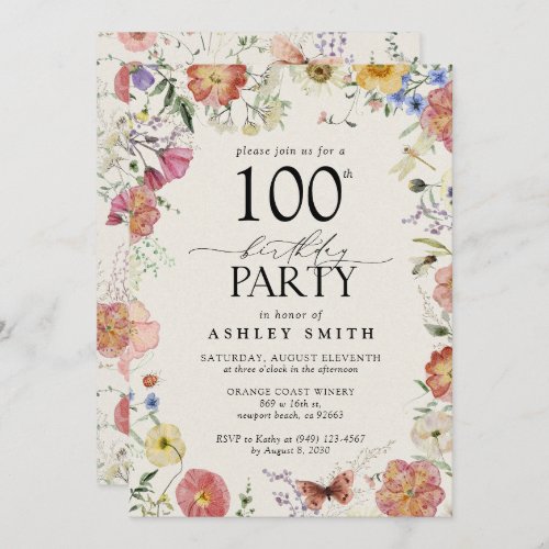 Pressed Flowers 100th Birthday Party Elegant Pink Invitation