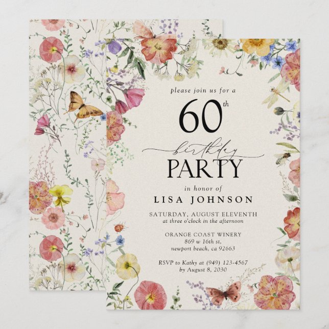 Pressed Flowers 60th Birthday Party Elegant Pink Invitation (Front/Back)