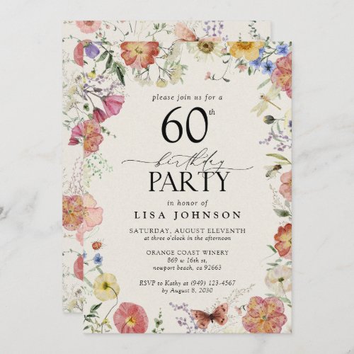 Pressed Flowers 60th Birthday Party Elegant Pink Invitation