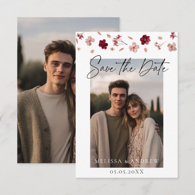Pressed flowers and photo save the date (Front/Back)