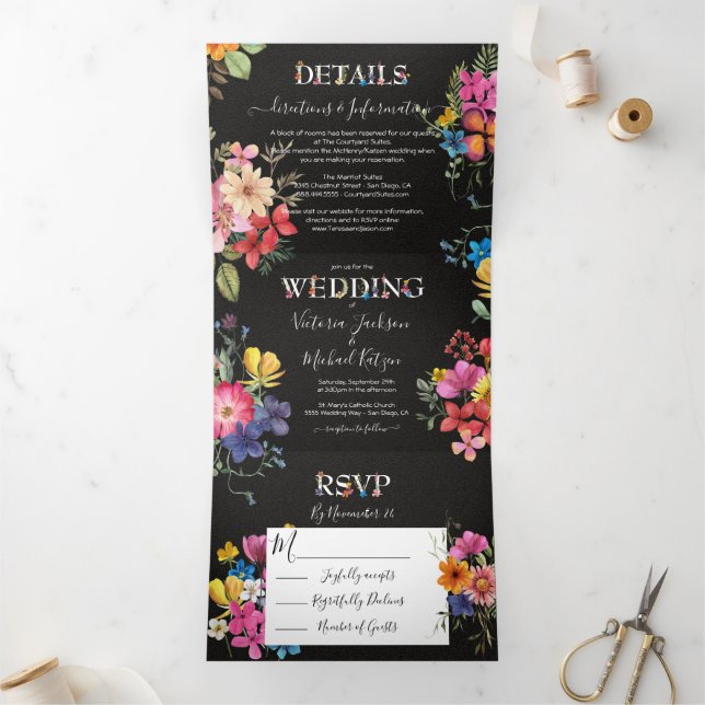 Pressed Flowers Dark Moody Wedding Tri-Fold Invitation (Inside)