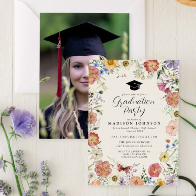 Pressed Flowers Photo High School Graduation Party Invitation (Bloom into a Grad - Celebrate in Style 🌸)