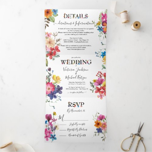 Pressed Flowers Wedding Tri_Fold Invitation