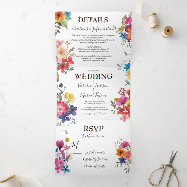 Pressed Flowers Wedding Tri-Fold Invitation (Inside)