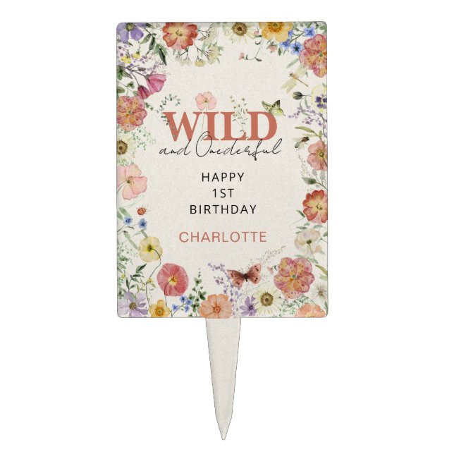Pressed Flowers Wild & Onederful Girl 1st Birthday Cake Topper (Front)