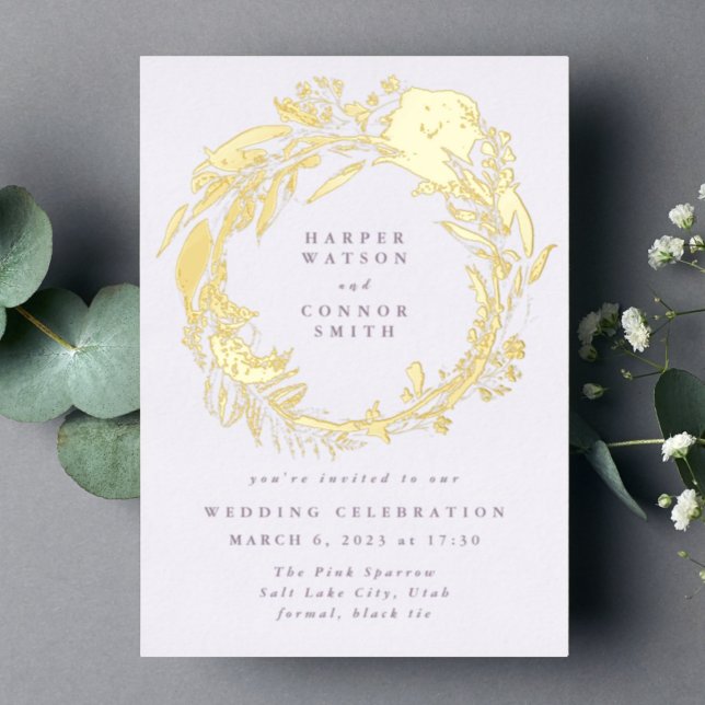 Pressed Gold Boho Micro Wildflower Wreath Wedding Foil Invitation (Creator Uploaded)