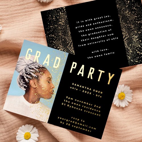 Pressed Gold Elegant Botanicals Grad Photo Party Foil Invitation