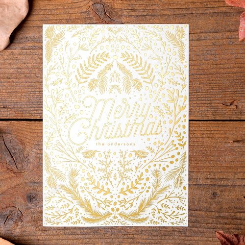 Pressed Gold Foliage  Berries Merry Christmas Foil Holiday Card