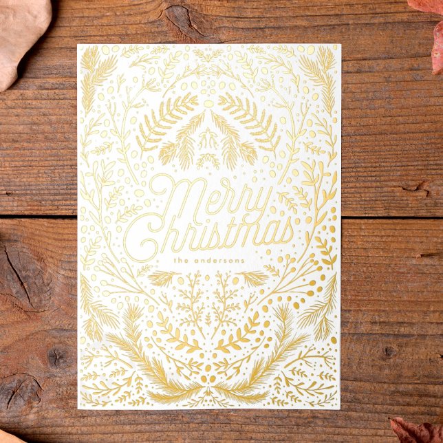 Pressed Gold Foliage & Berries Merry Christmas Foil Holiday Card (Creator Uploaded)