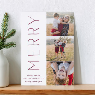 Pressed "Merry" 3-Photo Vertical Christmas Letterpress Photo Cards
