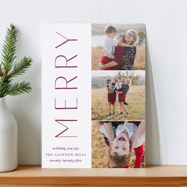 Pressed "Merry" 3-Photo Vertical Christmas Letterpress Photo Cards (Creator Uploaded)