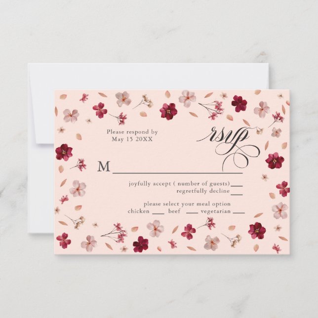Pressed Red Pink and Cream, floral Response Card (Front)