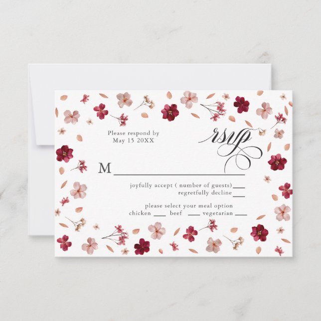 Pressed Red Pink and Cream, floral Response Card (Front)
