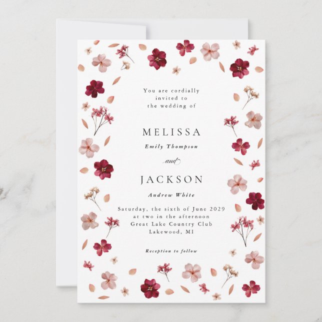 Pressed Red Pink and Cream, floral Wedding Invitat Invitation (Front)