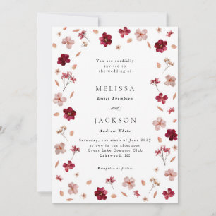 Pressed Red Pink and Cream, floral Wedding Invitat Invitation