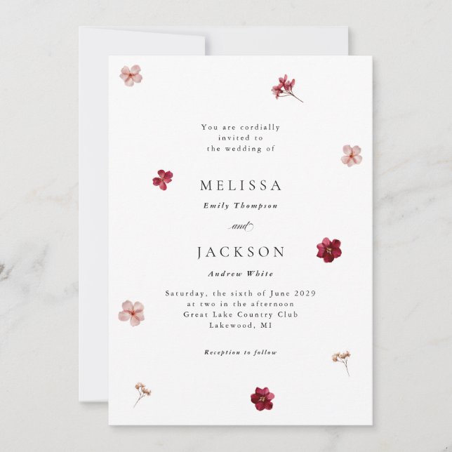 Pressed Red Pink and Cream, floral Wedding Invitat Invitation (Front)