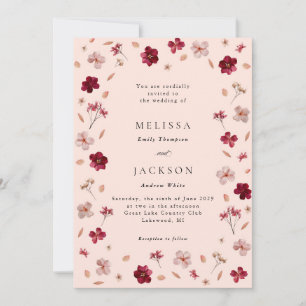 Pressed Red Pink and Cream, floral Wedding Invitation
