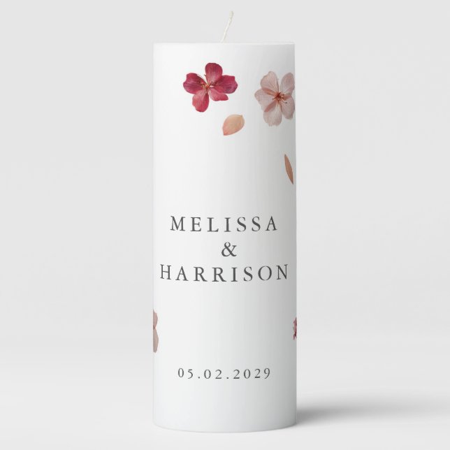 Pressed Red Pink and Cream, floral Wedding Pillar Candle (Front)