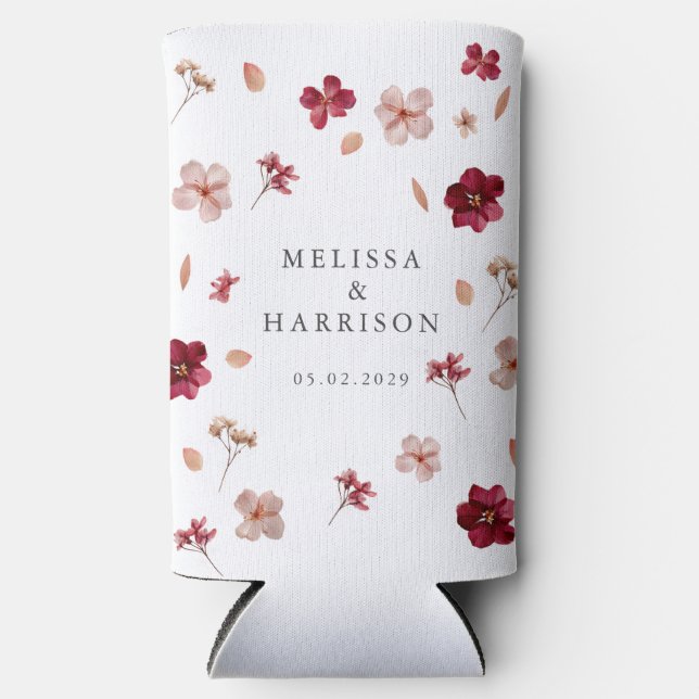 Pressed Red Pink and Cream, floral Wedding Seltzer Can Cooler (Front)