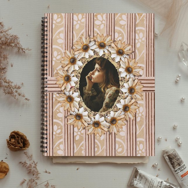 Pressed Sunflower Wreath Rustic Notebook (Let your memories bloom within a sunflower wreath—where vintage stripes and cottagecore warmth meet.)