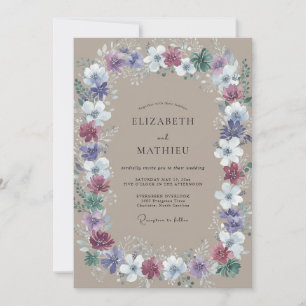 Pressed Taupe Periwinkle Wreath Wedding Invitation