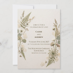 Pressed White Wildflower Fern Wedding Invitation